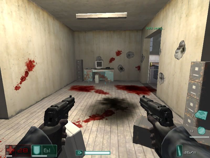 fear,game,screenshot,dual,pistol,blood,bloody,scary,shot,wall,hole