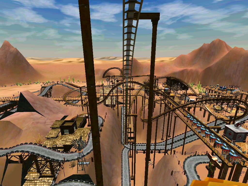 roller,coaster,tycoon,rct 3,3,checkered,flag,scenario,screenshot,view,deep,drop,desert