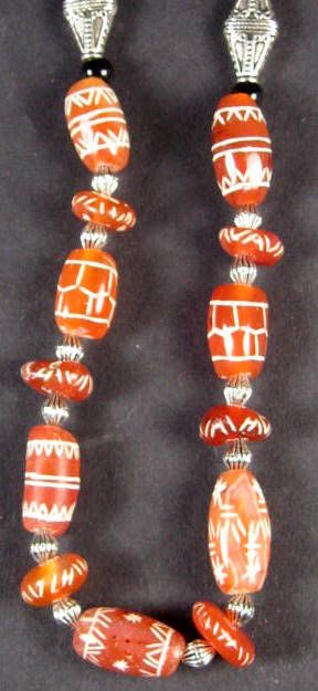 ETCHED CARNELIAN Bead Necklace 13 Beads Dharamshala  