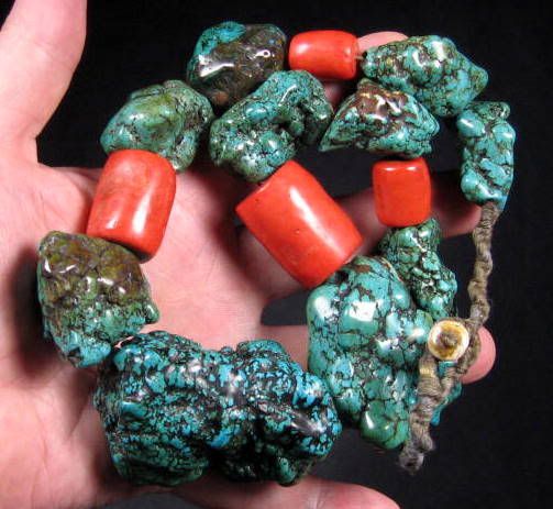 HUGE OLD FINEST TIBETAN TURQUOISE CORAL BEAD NECKLACE * HUGE CENTRE 