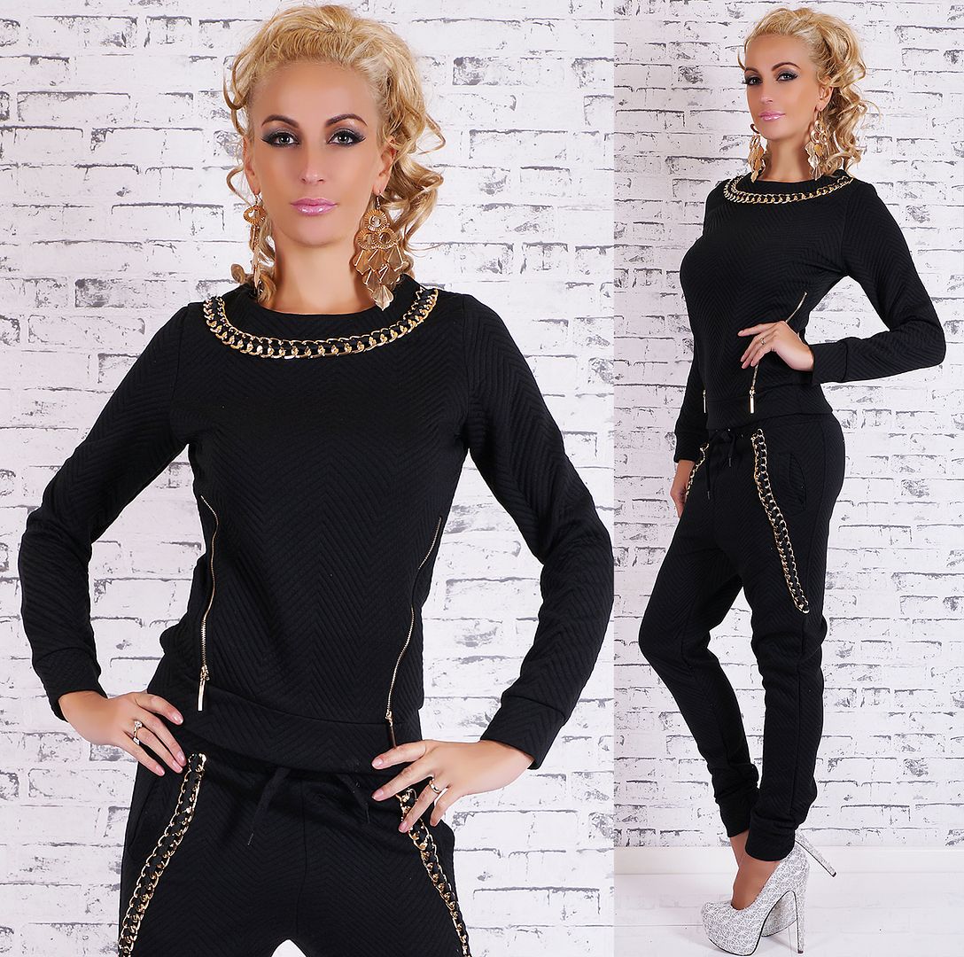 2Pcs Set Tracksuit Sports Jogging Sweatshirt With Gold Chain Leisure