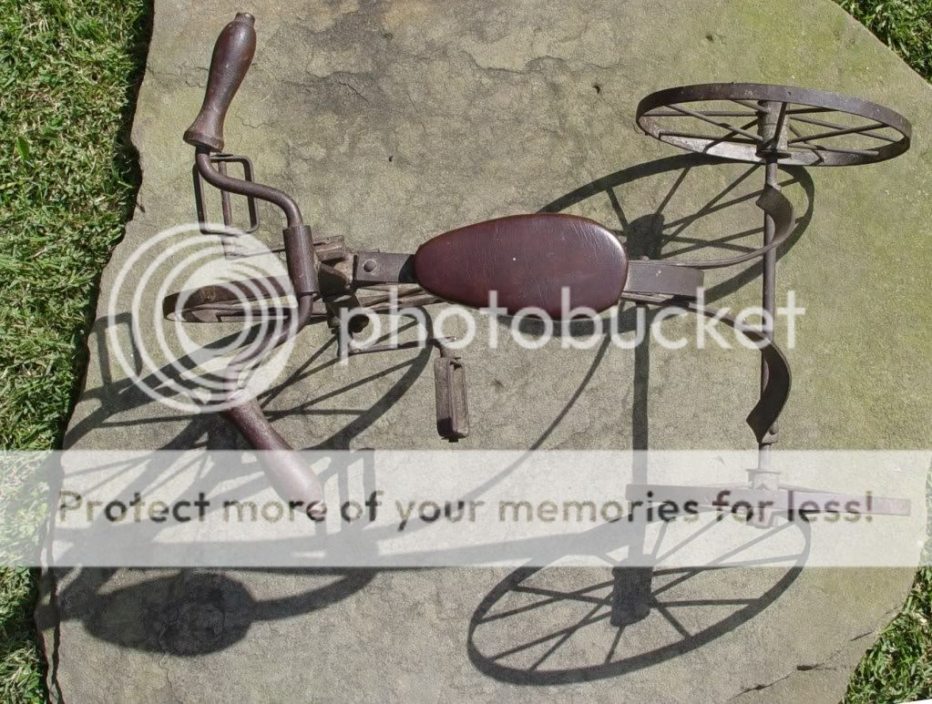 Antique Tricycle With Leather Seat, Wooden Handles & Metal Wheels 